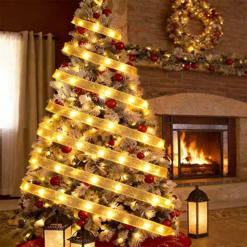 Ribbon LED String Lights Christmas Tree Shiny Wave Design Riband Light Christmas New Year Wedding  Decoration AA Battery Powered