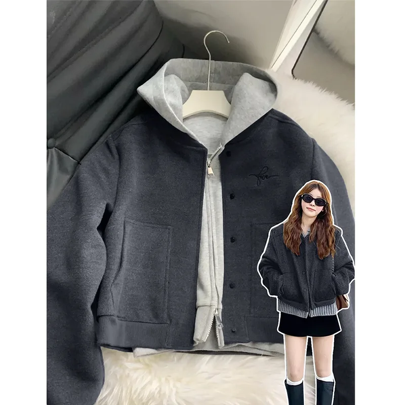 

Solid Short Shoulder Jacket Women's Spring Autumn Baseball Uniform Korean Style Round Neck Leisure Style Women Top Loose Fit