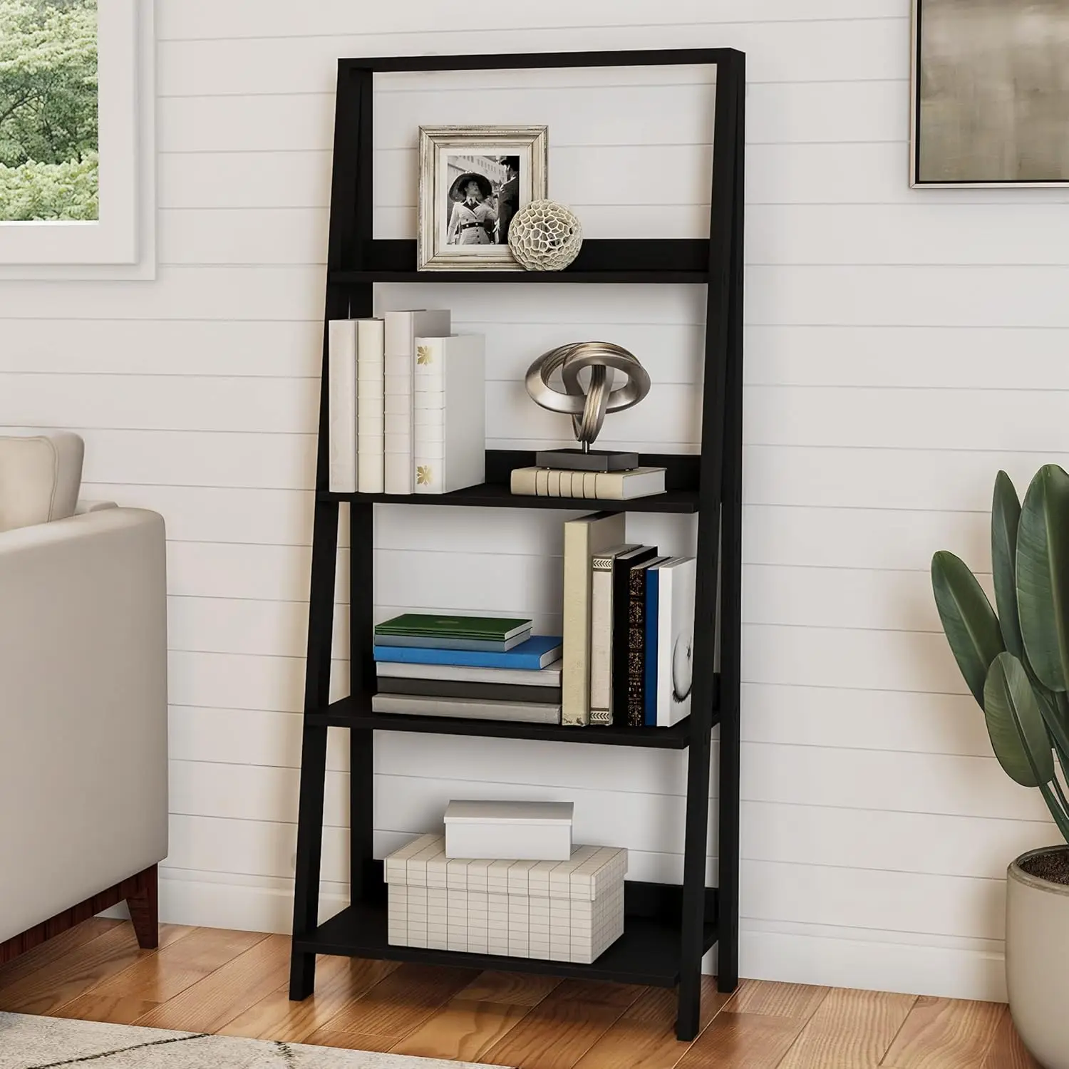 Lavish Home 4-Tier Ladder Bookshelf - Freestanding Shelved Bookcase With Leaning Look For Living Room, Bathroom, And Kitchen