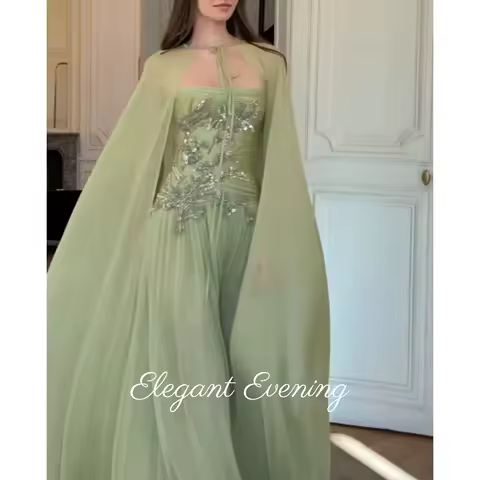 Modest Sage Green Cape Prom Dress Dubai Luxury Muslim Evening Dress Arabic Women Saudi Women Wedding Party Dresses Customized