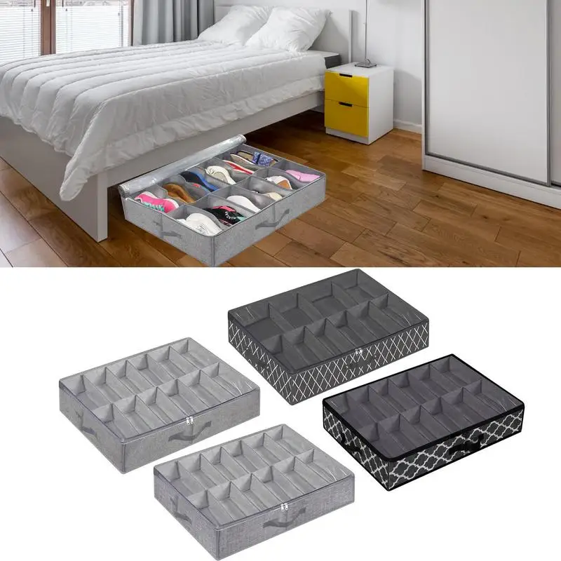 12 Grids Under Bed Shoe Storage Box Sturdy Portable Organizer with Smooth Zipper Clear Shoe Closet Dustproof Storage Bags