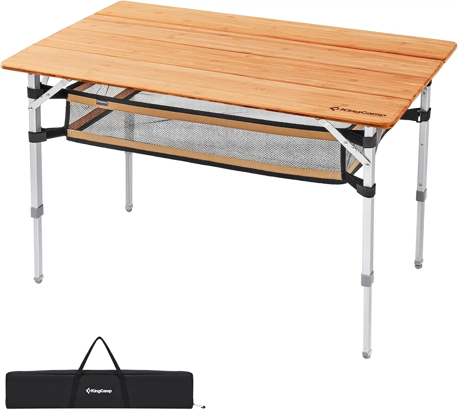 Bamboo Folding Table Camping Table with Large Storage Bag Adjustable Height Aluminum Legs Heavy Duty 176 lbs 4-Fold Portable Cam