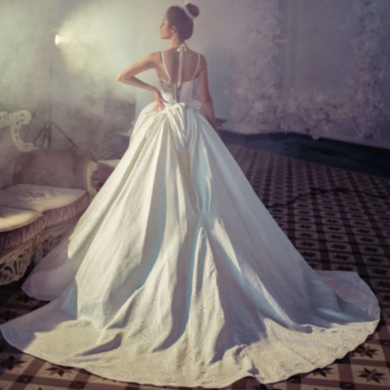 Vestido De Novia blanco con tirantes finos, escote en forma De corazón, volantes, con cordones en la espalda, corte en A, cola De corte, vestidos De Novia De satén suave