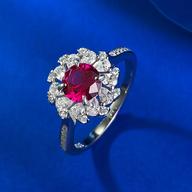 S925 Pure Silver Pigeon Blood Created Ruby Sapphire Flower Shape Ring for Girl Lady Wedding Girl Lady Fine Jewelry