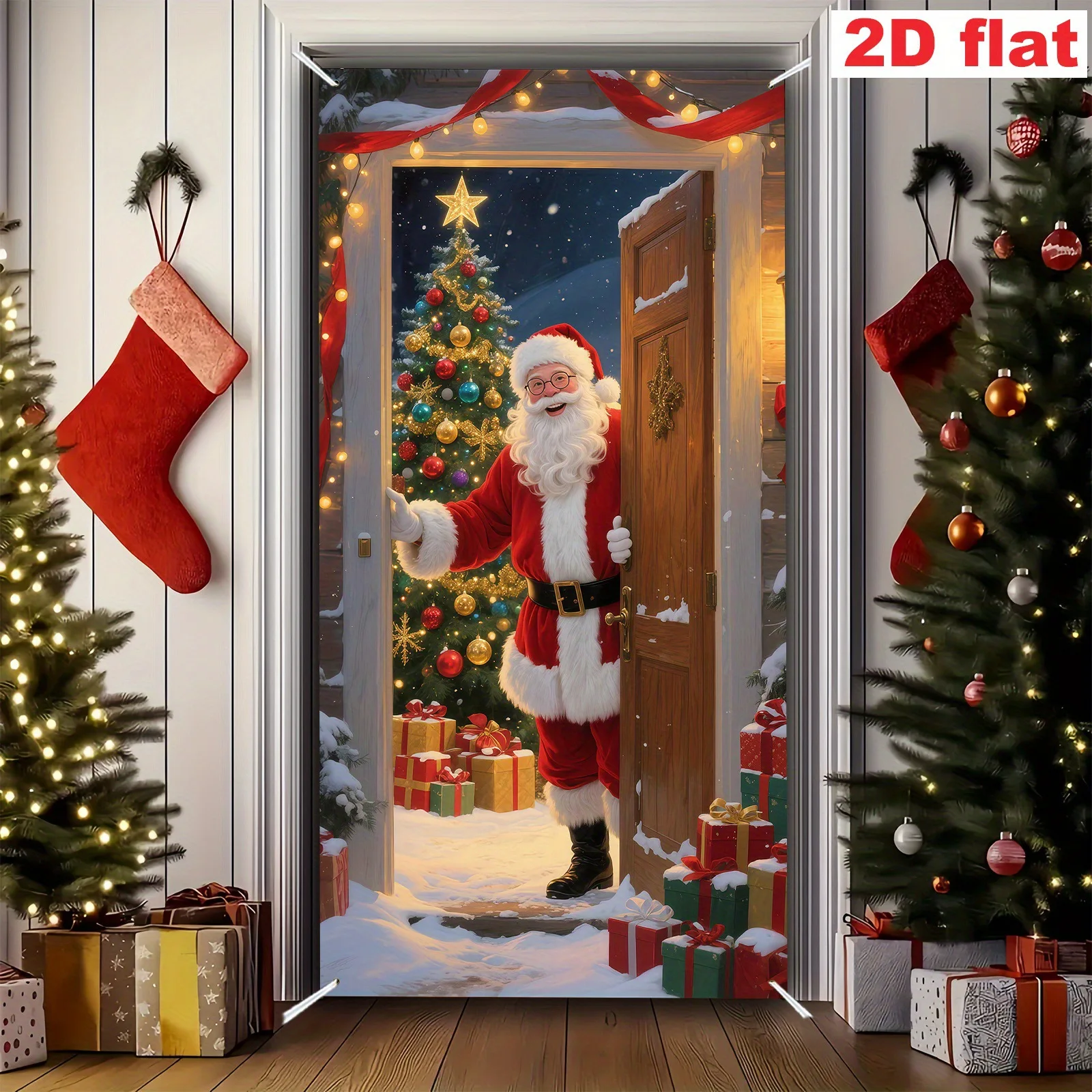 1Pc Christmas Themed Door Banner with Santa Claus and Winter Snowy Christmas Tree Design, Suitable for Holiday Home Decoration