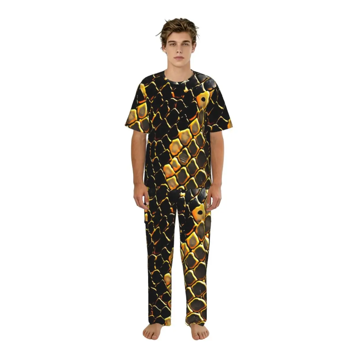 Men's Pajamas Set Summer Short-Sleeve Tops + Long Pants Nightwear Home Wear Suits Snake Scale Pattern Sleepwear