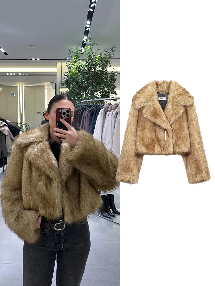 

HH женское зимнее плюшевое пальто с тепловым отложным воротником в стиле ретро с длинными рукавами и эффектом искусственного меха, женское модное уличное повседневное короткое пальто