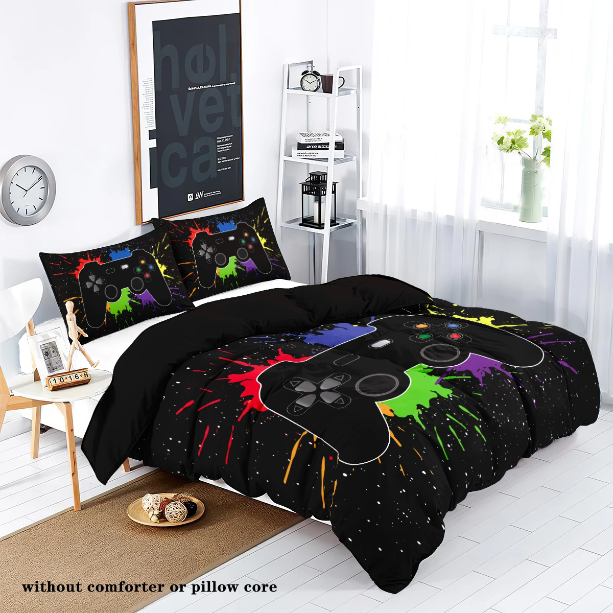 90gsm black game controller bed three piece set, soft and skin friendly, 2 pillowcases+1 down duvet cover, children's room