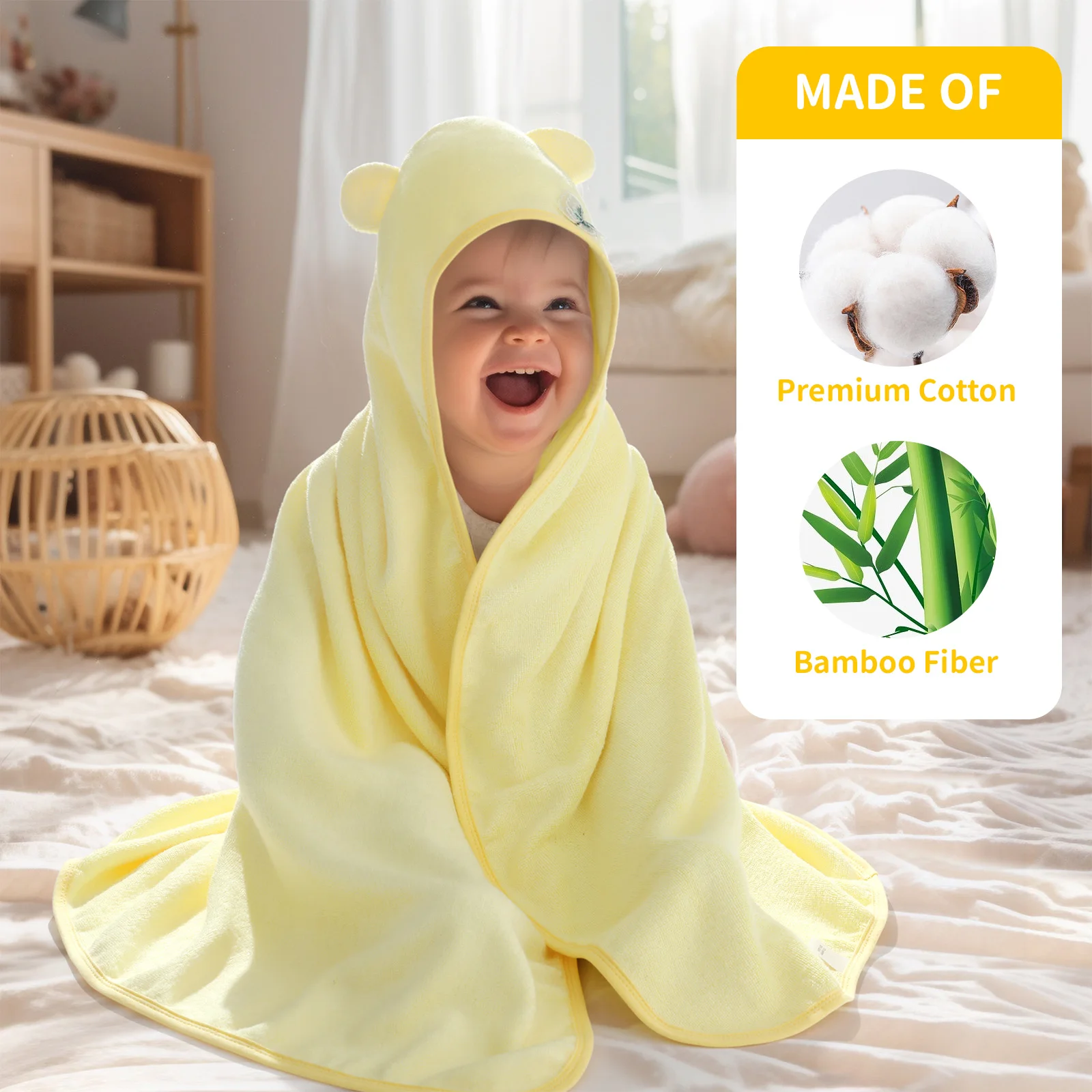 Hooded Bath Towel for Newborns, Bath Towels For Kids Ages 0-8 Yrs, 40'' x 40'', Yellow