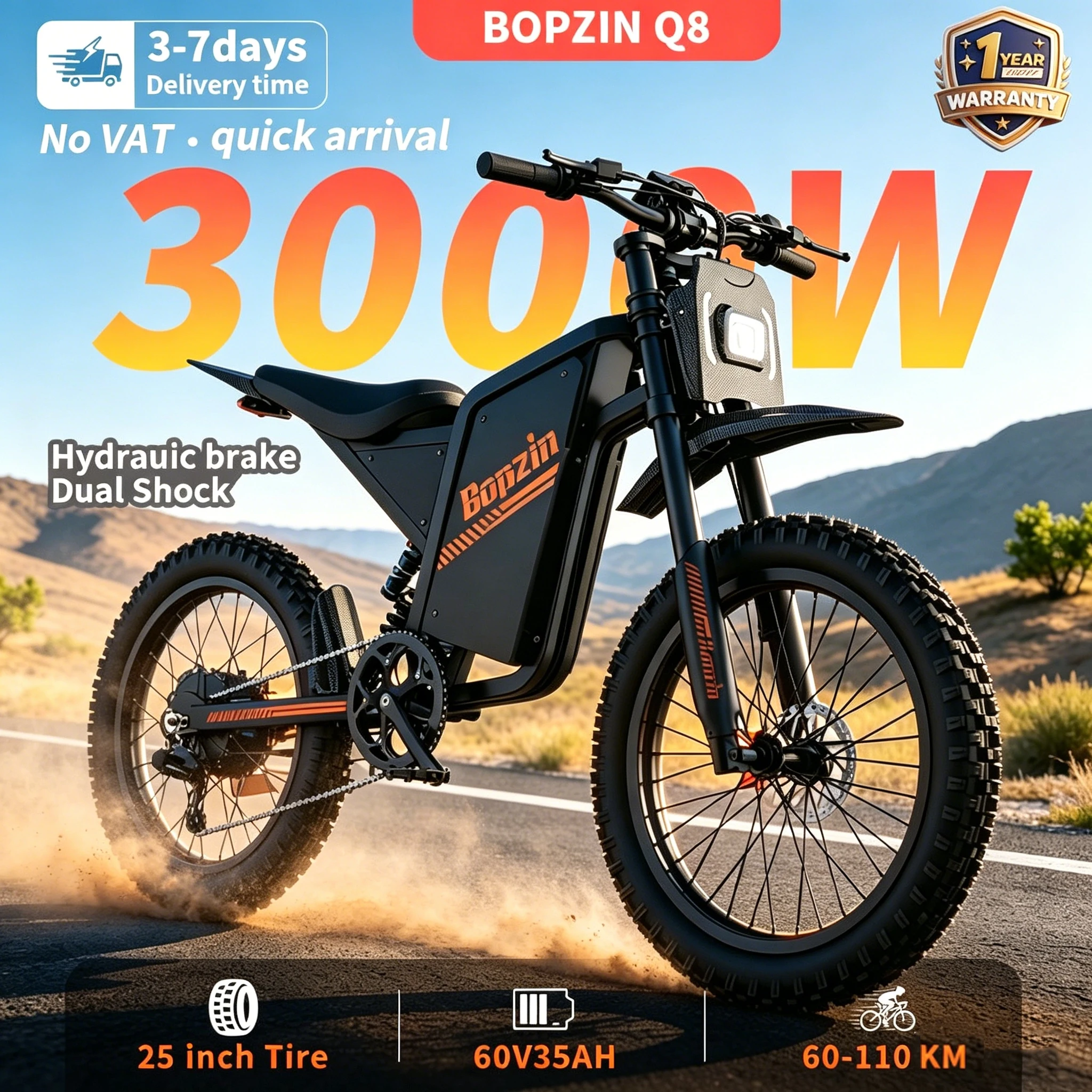 Bicicleta Eléctrica BOPZIN Q8, Doble Suspensión, Motor de 3000W, Batería de Alta Capacidad de 35AH, Velocidad Máxima de 80KM/H, Autonomía Máxima de 120KM en Modo PAS, Neumáticos 25*3.0 Todo Terreno