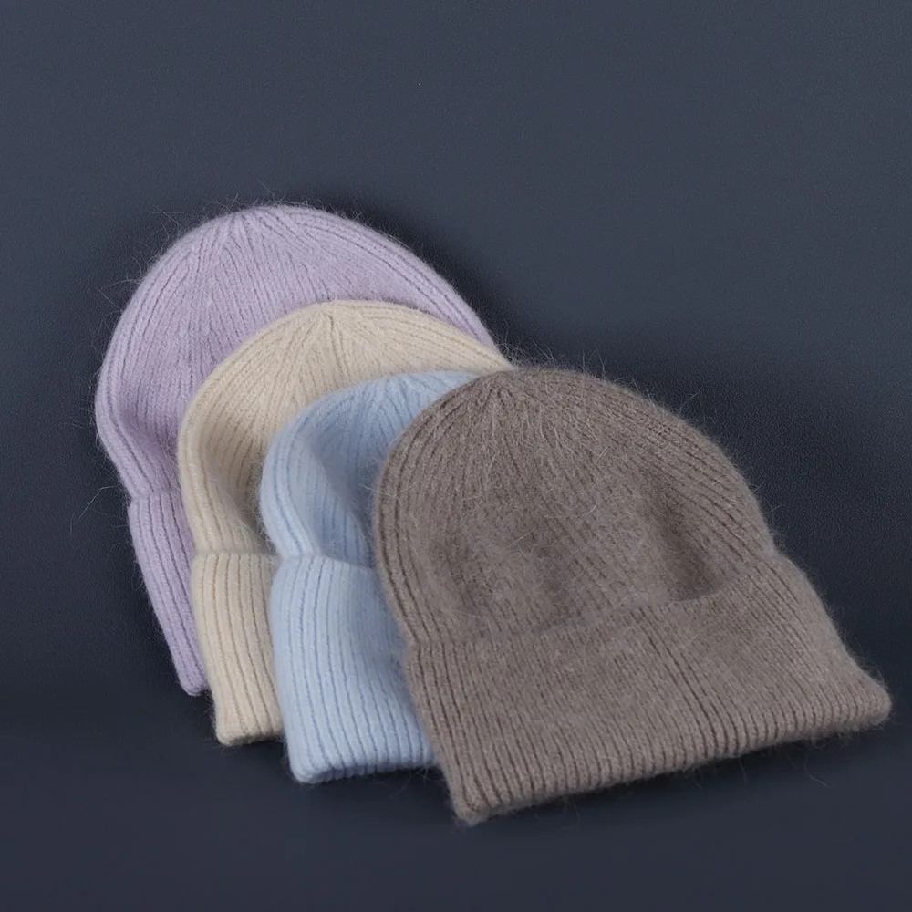 Kaninchenfell Mützen Weiche warme flauschige Wintermütze für Frauen Angora Strickmütze Skullies Beanies Weibliche Motorhaube warme Frau Strickmütze – Detail 2