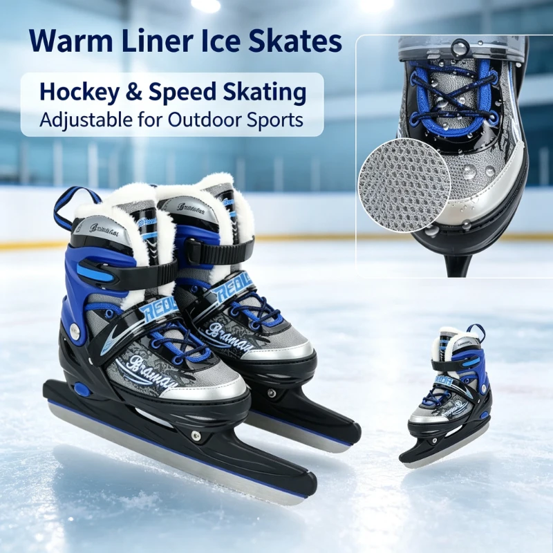 Children Adult Adjustable Size Ice Hockey Skates & Short Track Speed Ice Skates Thick Fleece Lining Anti-Collision Hard Shell