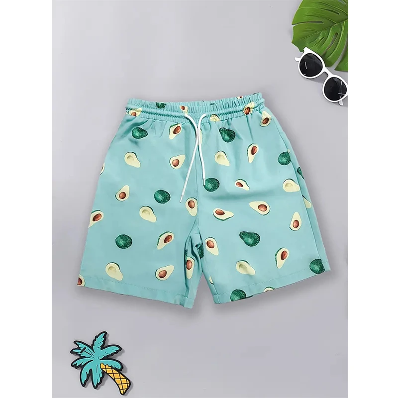 アボカド メンズ リゾート 3D プリント フルーツ ボードショーツ 水泳パンツ 弾性巾着 ハワイアン スタイル ホリデー ビーチ ショーツ 特大