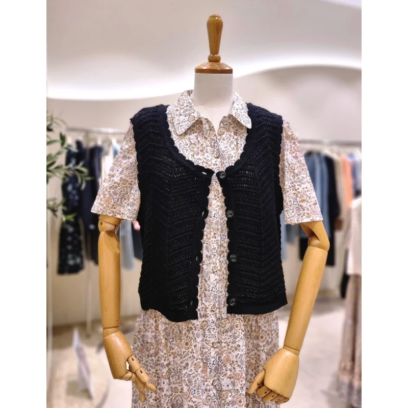 

French Sle Layering Tool~Forest System Island Spring Summer Wave Lace Hollow Knitted Vest Open Cardigan Women 2 Colors
