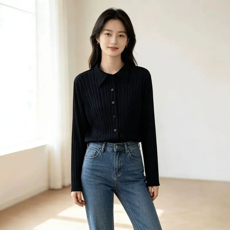 Slim Fit Textured Single Button Long Sleeve Shirt Casual Style Polyester Fiber Vertical Pressed Women's Top Casual Shirt