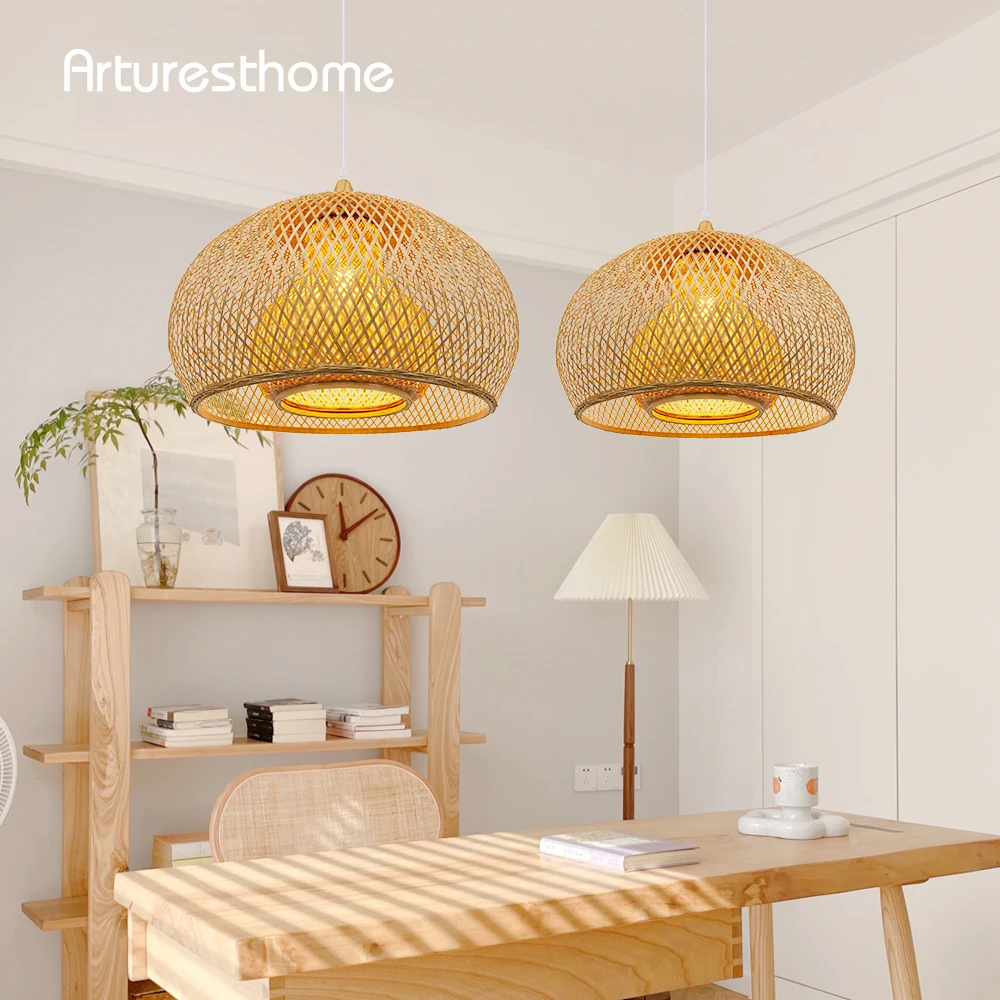 ARTURESTHOME Bamboo Chandelier Woven Rattan Ceiling Light Pendant Natural Handmade Woven Hanging Light for Kitchen Dining Room