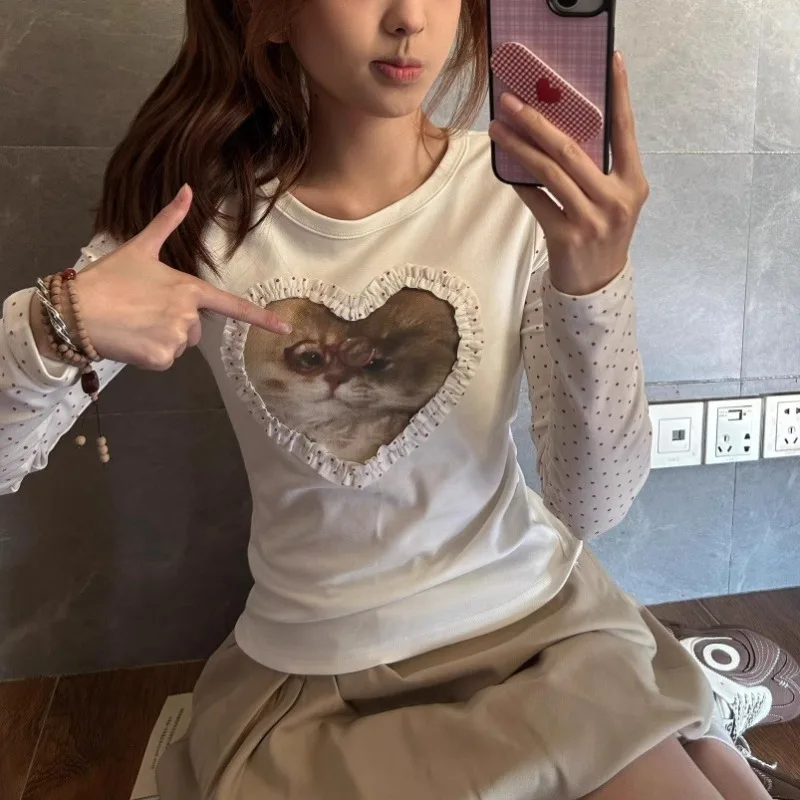 

Винтажная милая женская футболка с длинными рукавами и животным принтом, осень 2022, новые японские плиссированные тонкие белые топы в горошек с круглым вырезом
