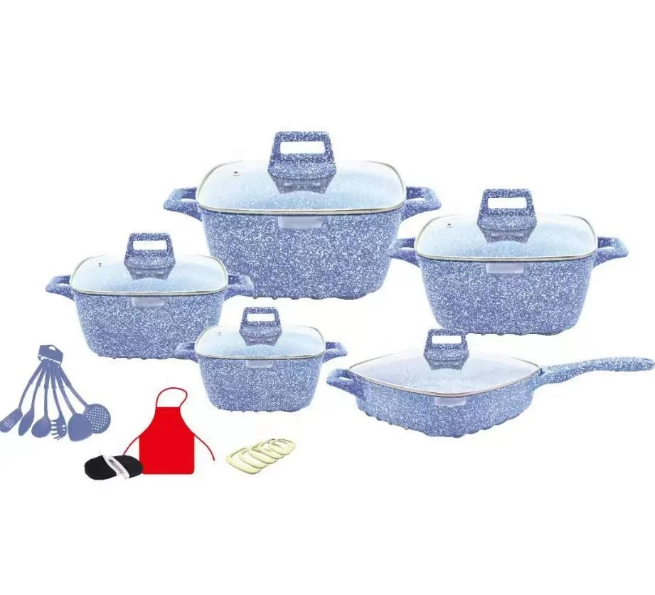

hot selling 25pcs square aluminum alloy ceramic marble decoration non-stick kitchen pot ware