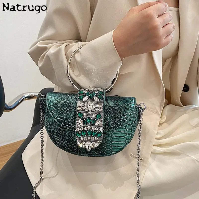 Diamond Half Round Evening Bag Women 2023 New Round Handle Rhinestone Dinner Clutch Purse Ladies Hand Bag Crossbody Bag