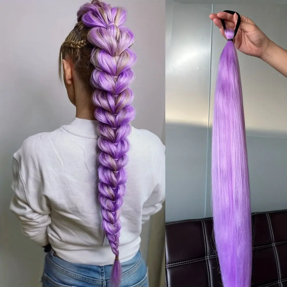 2PCS Synthetic Straight Kpop Rumi Demon Hunters Cosplay Wig Ponytail With Hair Braiding Ponytail Hair Halloween Accessories