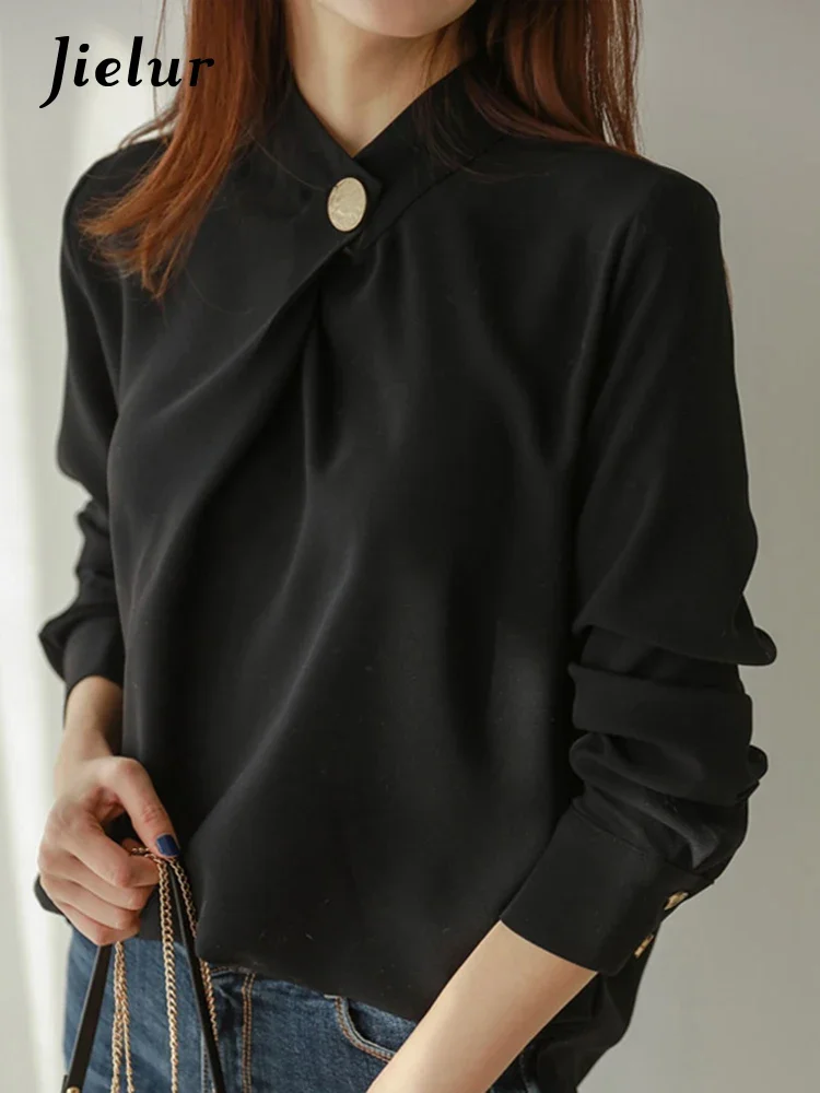 Jielur Office Ladies Solid Long Sleeve Tops and Shirts Elegant Slim Women Blouses Shirt Round Neck Soft Femme High Quality