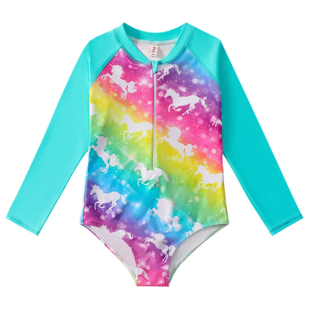 Girls One-piece Swimsuit Cartoon Floral Print Sun-protective Long Sleeve Zipper Quick-Dry Triangle Swimwear Baby Bathing Suit