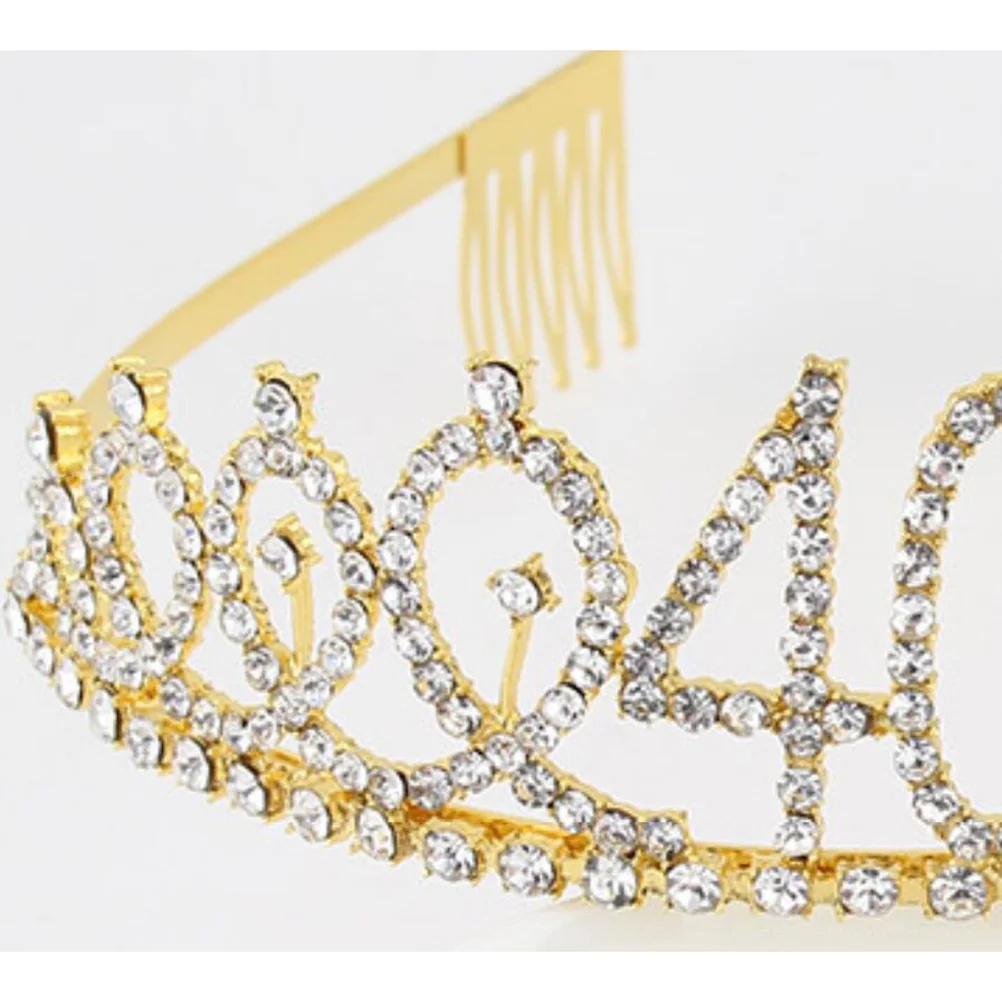 

1pc Birthday Crown Alloy Rhinestone Decor Number Crown Hair Comb Stable Wearing 40Th Party Golden Hair Accessory For Celebration