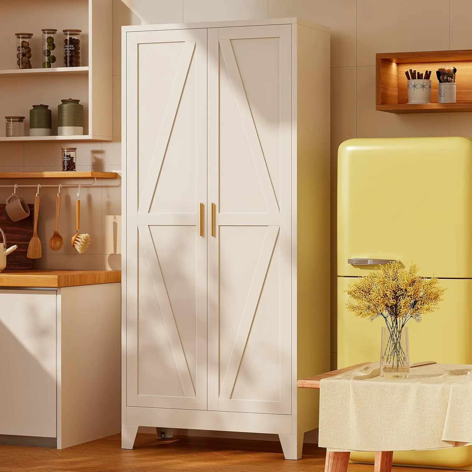 

61" H Metal Pantry Cabinet,White Storage Cabinet with Doors,Freestanding Kitchen Pantry Cabinet,Farmhouse Food, Customized