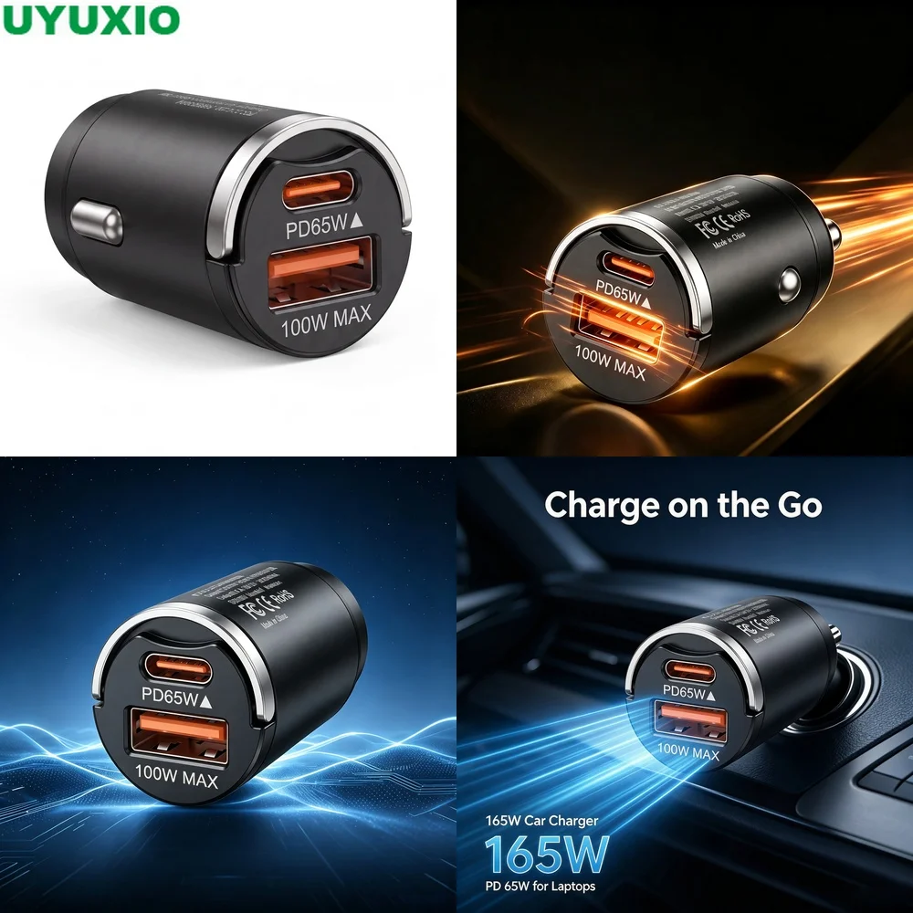 165W Flush Fit Car Charger Dual Port 65W USB C and 100W USB A Output Compact Zinc Alloy Metal Body for Cars Trucks SUVs and Vans
