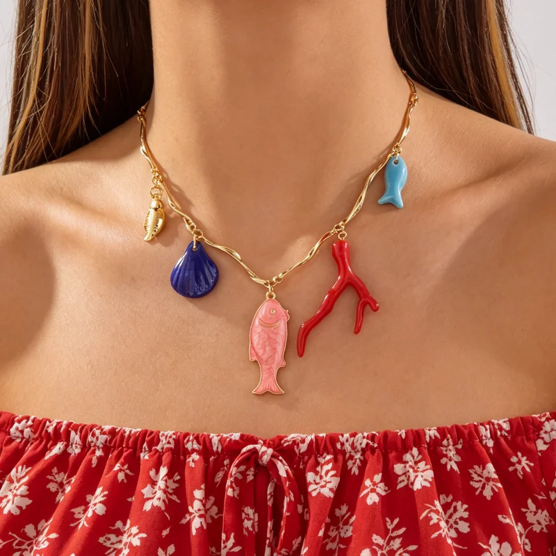

Colorful Coral Fish Star Shell Seashell Necklace Women's Summer Vacation Style Personality Clavicle Chain Accessory