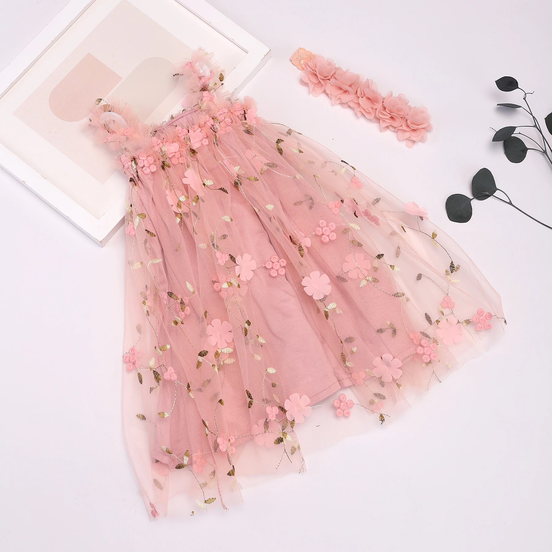 Toddler Baby Girls Tutu Dress Sleeveless Embroidery Floral Tulle Dress Little Girl Princess Dresses with Flower Headband