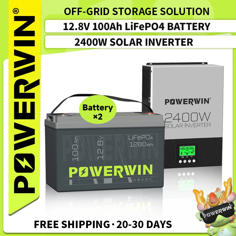 

POWERWIN BT100 LifePO4 12V 100Ah/1280Wh HI3000 Hybrid Solar 2400W 24V Pure Sine Wave 80A MPPT Off-grid LCD 12V Battery