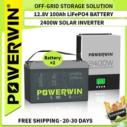 POWERWIN BT100 LifePO4 12V 100Ah/1280Wh HI3000 Hybrid Solar 2400W 24V Pure Sine Wave 80A MPPT Off-grid LCD 12V Battery