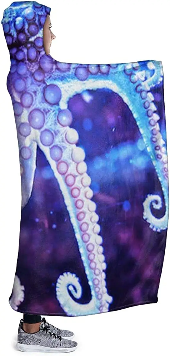 Octopus Tentacles Blue and Purple Swirl Sea Animal Wearable Blanket Hooded Blanket Mens Womens Fall Sherpa Fleece Blankets