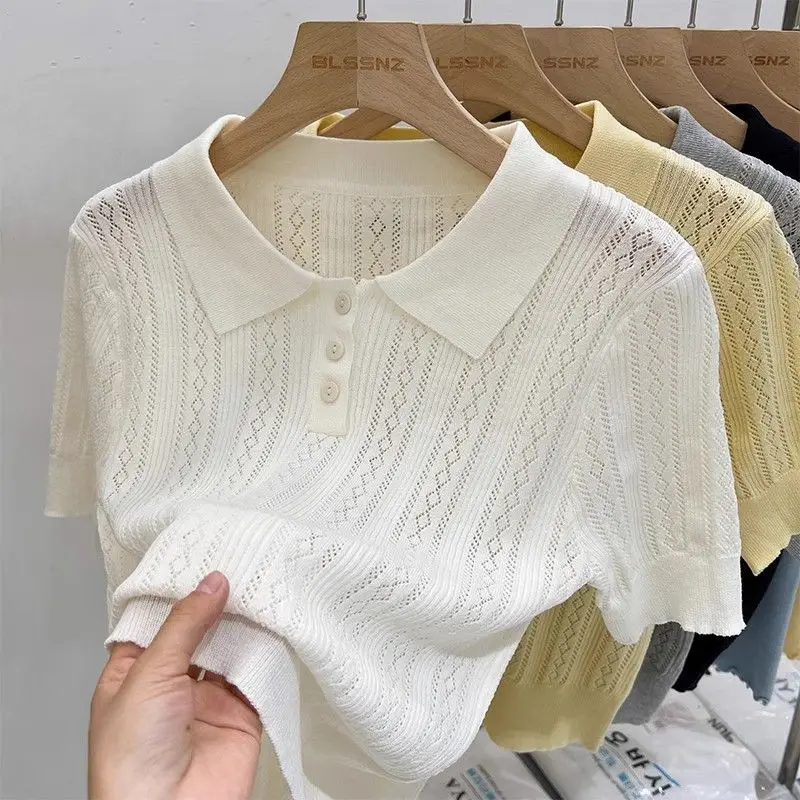 Matakawa Solid Knitted T-shirts Hollow Out Thin Spring Summer Sweet T Shirt for Women Korean Fashion Elegant Ropa De Mujer image 4
