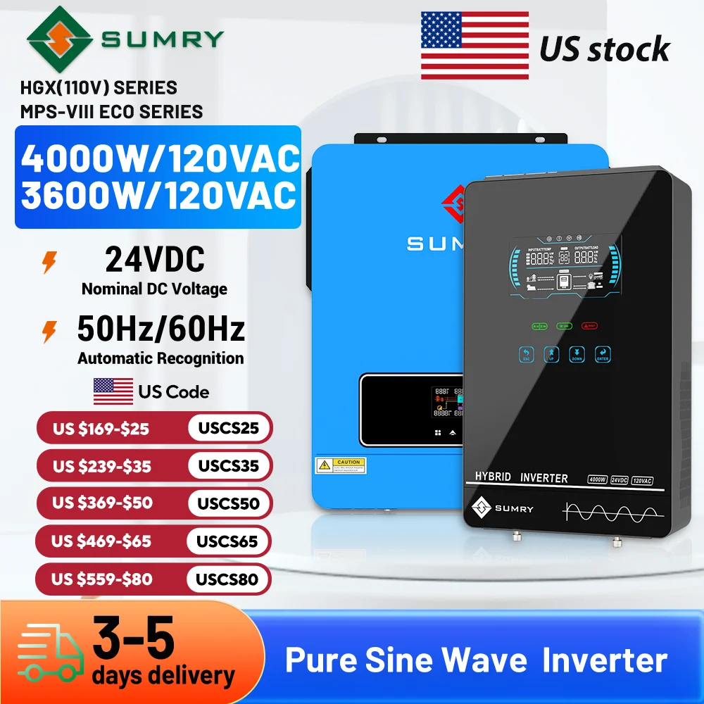 Sumry 3.6/4kw Hybrid Solar Inverter 24v 110/120v Pure Sine Wave Inverter 50/60hz Short Circuit Protection Free Wifi Module