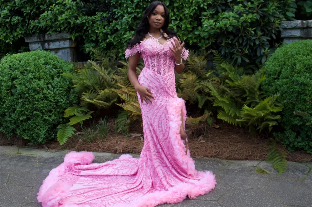 

Вечерние платья Aso Ebi с разрезом по боку, розовые, для африканских девушек, индивидуальный пошив, 2026, с бисером, для дня рождения, свадьбы, вечеринки