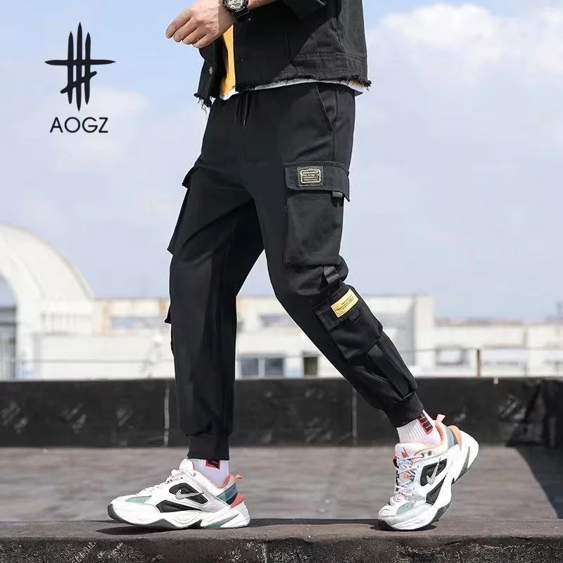 AOGZ Men Casual Pants Hip Hop Streetwear Sweatpants Harajuku Pocket Cargo Pants Techwear Tactical Joggers Pants Trousers Thin