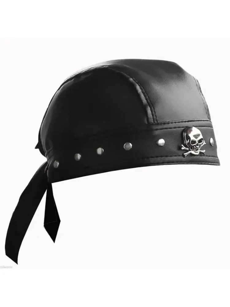 Casque de moto Bandana crâne en cuir noir – Cadeau d'Halloween paresseux pour cosplay de motard urbain