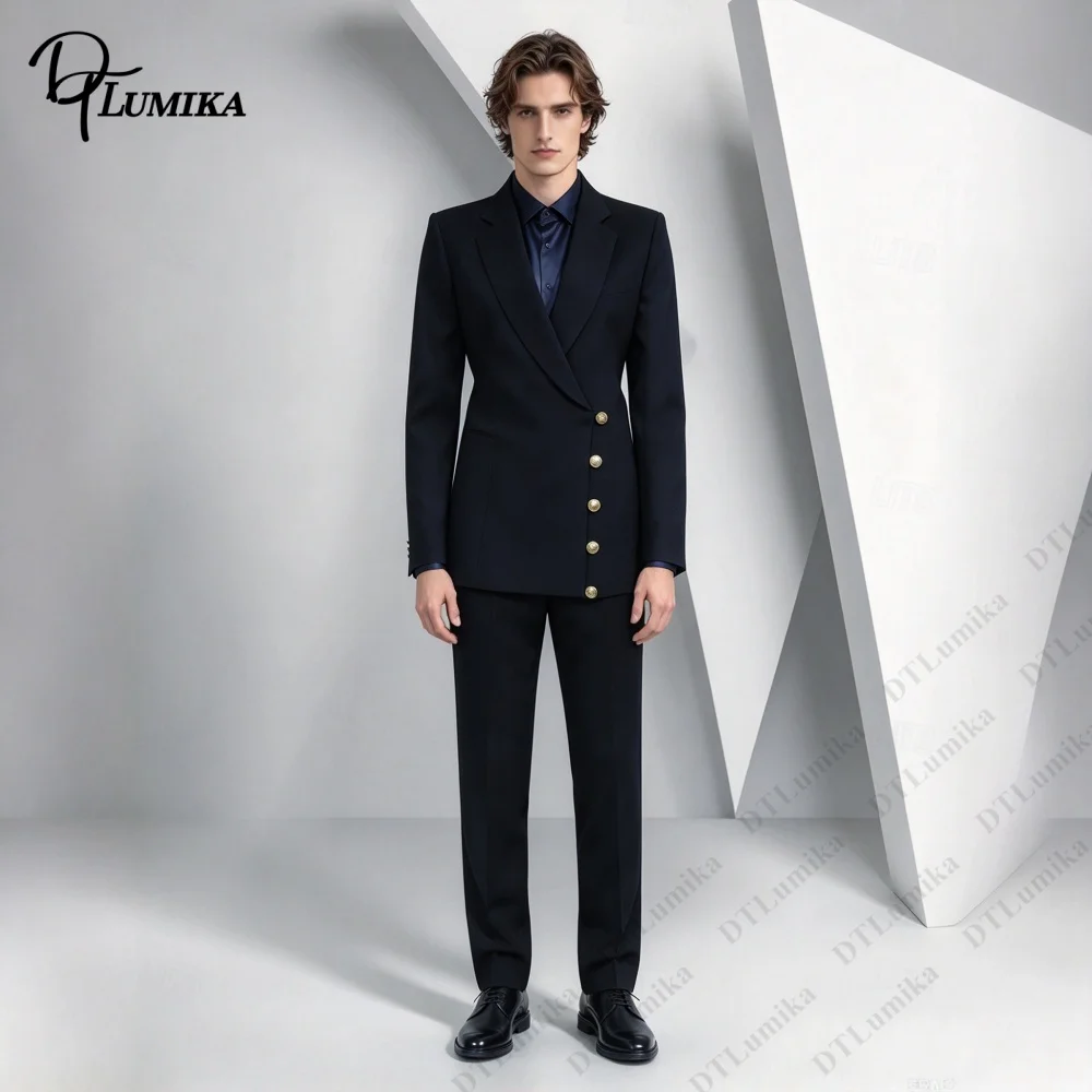Bespoke Navy Diagonal Button Men Tuxedo 2 Piece Asymmetric Blazer Pants Custom Formal Groom Suit, Wedding Gala Banquet Outfit