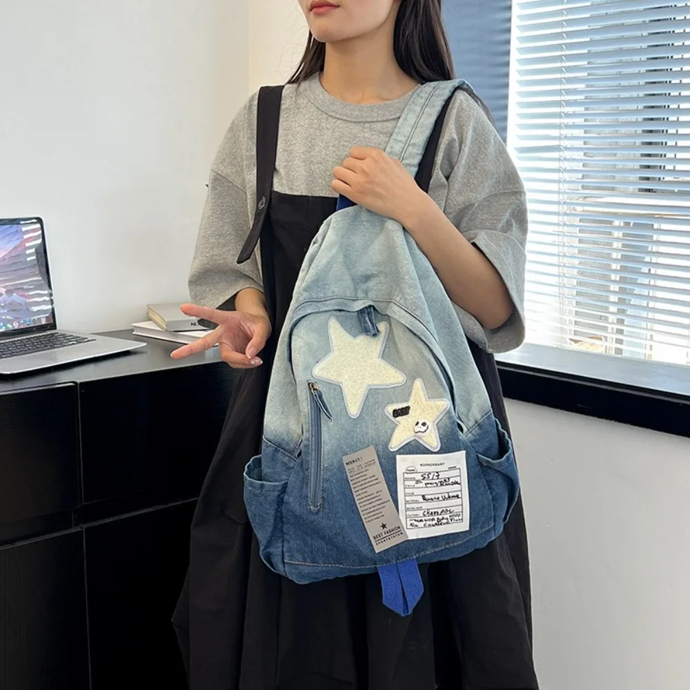 Модный вместительный рюкзак из джинсовой ткани со звездами Y2K, универсальный школьный рюкзак, студенческий уличный рюкзак унисекс со звездами