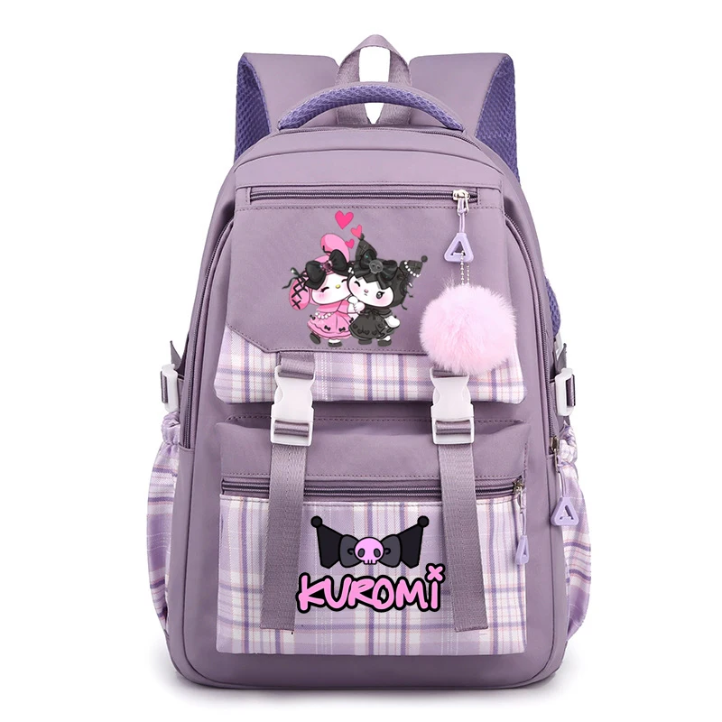 Purple Kuromi Backpack Cute Plaid School Bags For Student Teens Girls Pockets Women Laptop Backpack Harajuku