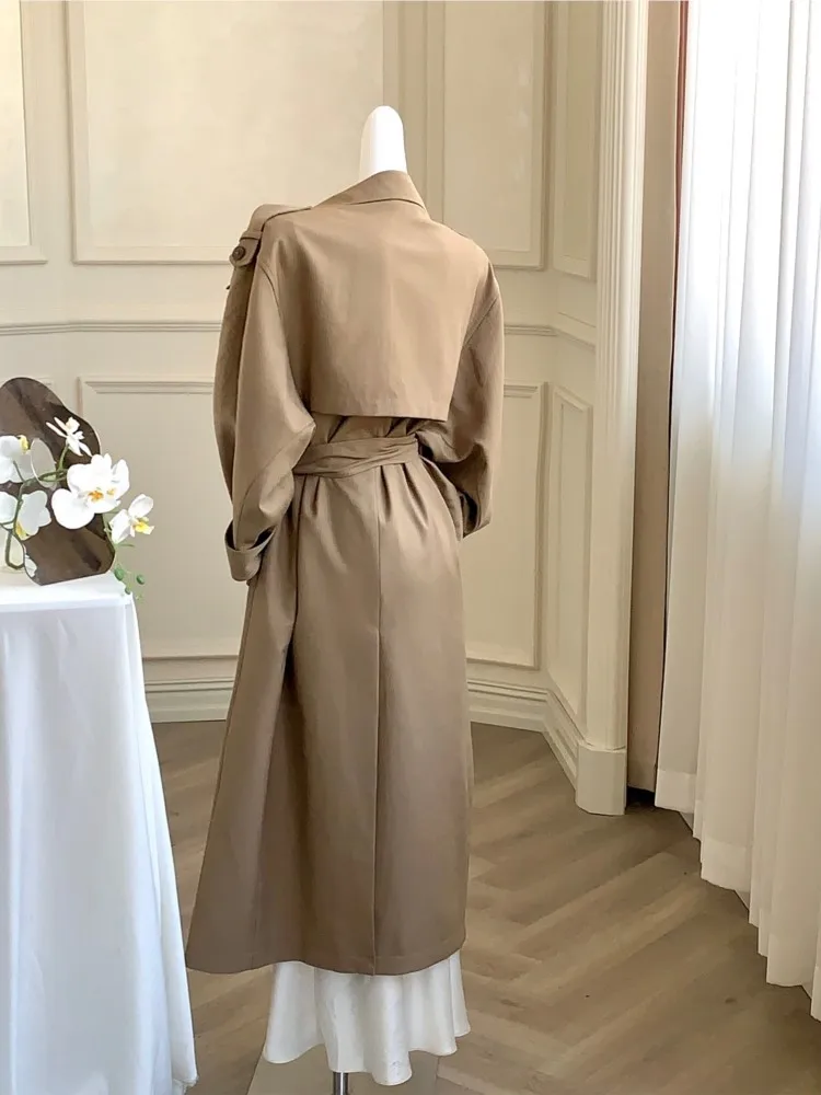 Gabardina larga de estilo coreano con cuello vuelto y cinturón para mujer, abrigo ajustado liso a la moda con una hilera de botones, ropa elegante para mujer para otoño