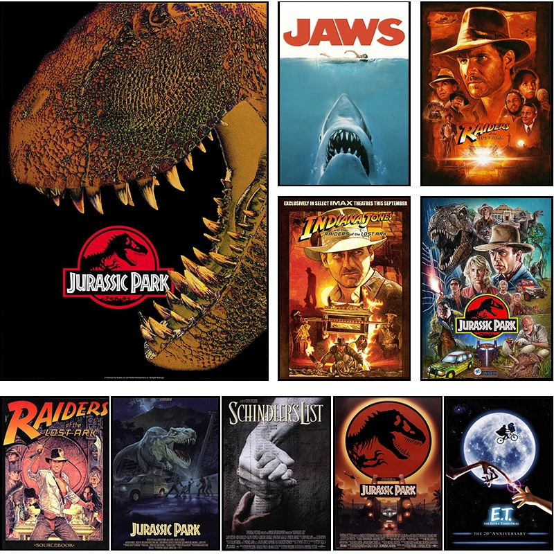 Jurassic Park E.T. JAWS Spielberg Movie Poster Dinosaur Canvas Painting Vintage Wall Art Pictures for Home Living Room Decor