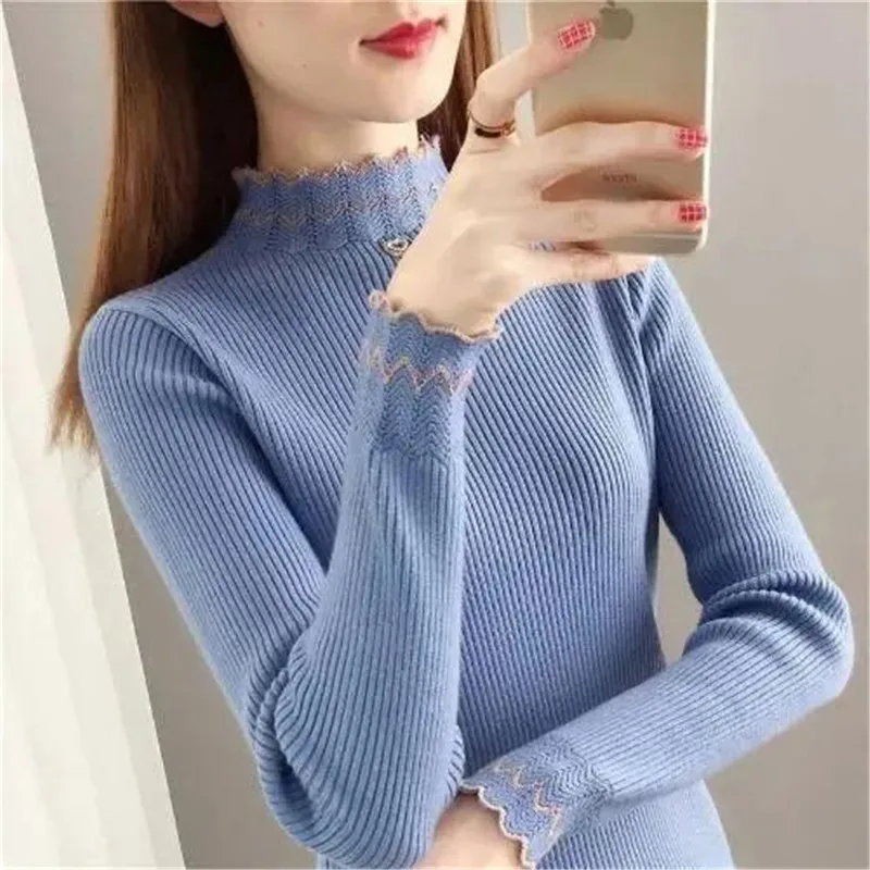 

Lace Sweater Women's Spring Autumn New Coat 2025 Female Semi-high Collar Lace Knitwear With Bottoming Undershirts Jacket