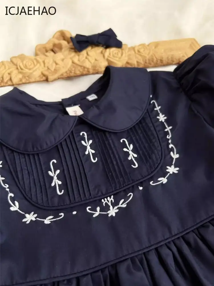 2024 Smocked Dresses Dark Blue Embroidered Girl's Dress Solid Bubble Sleeve Children Clothes Girl Summer Kids Party Baby Fashion