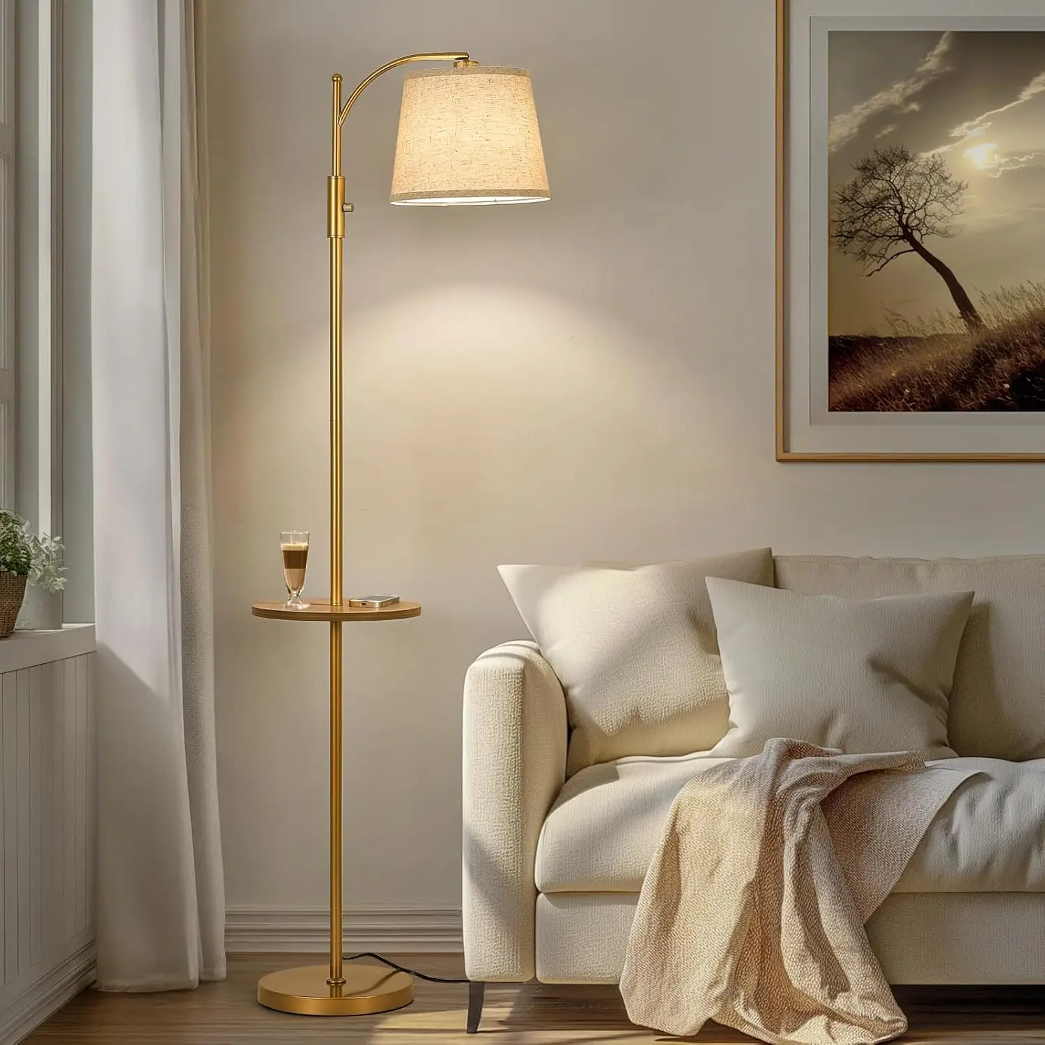 

Floor Lamp for Living Room, Dimmable Standing Lamp with Beige Shade, Golden Adjustable Head, 9W LED Included
