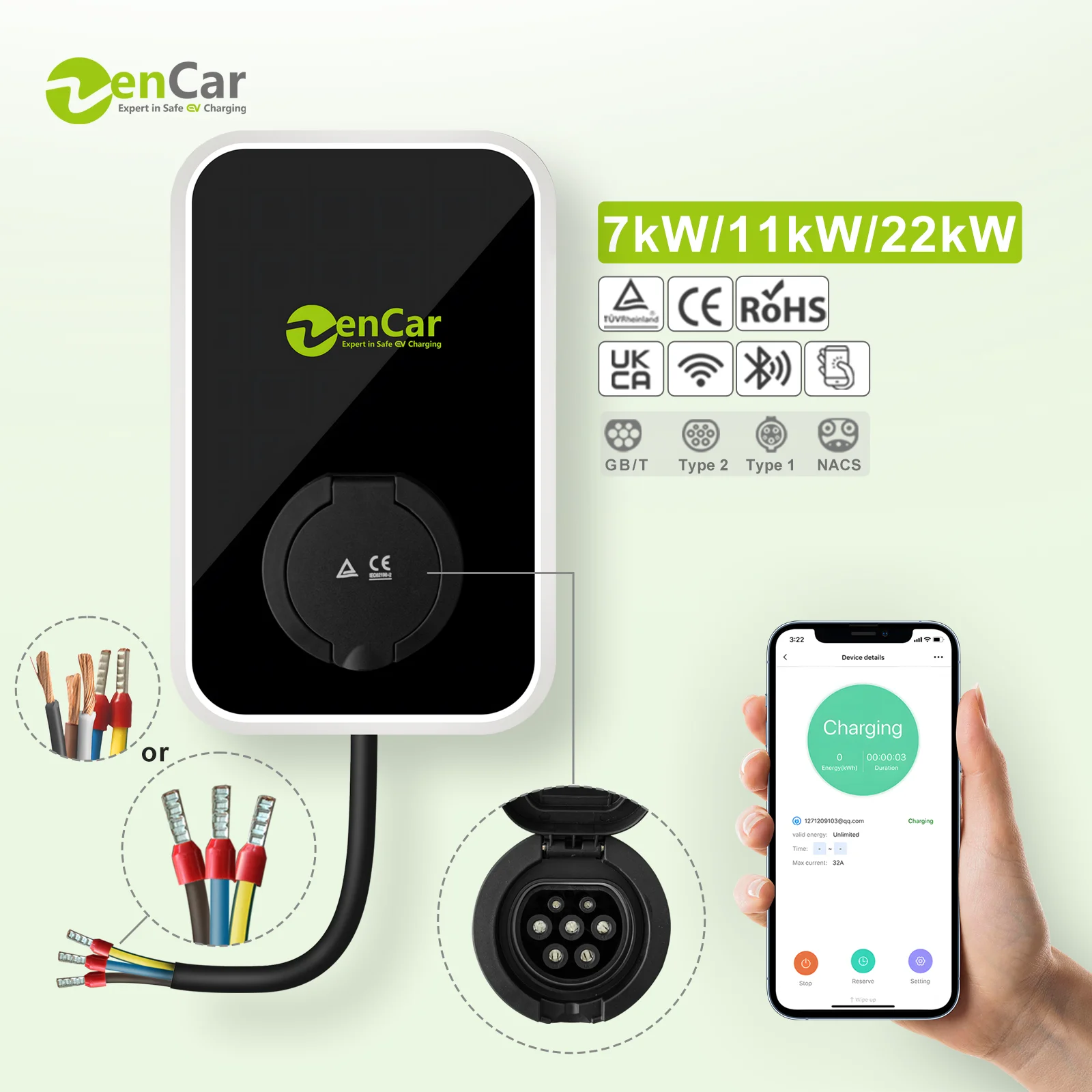 Zencar Wallbox 7kW 11kW 22kW Electric Vehicle Charging Station AC Fast EV Charger With Wifi OCPP IEC 62196-2 Type 2 Socket
