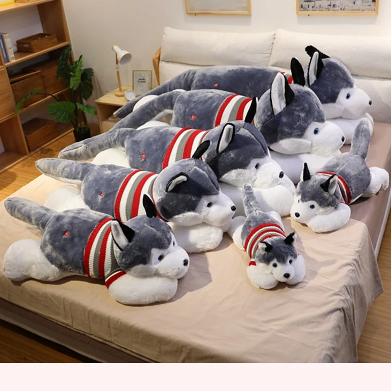 

50-120cm Hot Cartoon Lying Husky Plush Dolls Soft Stuffed Animals Sweater Dog Comfort Kids Toys for Girls Gifts Home Decor