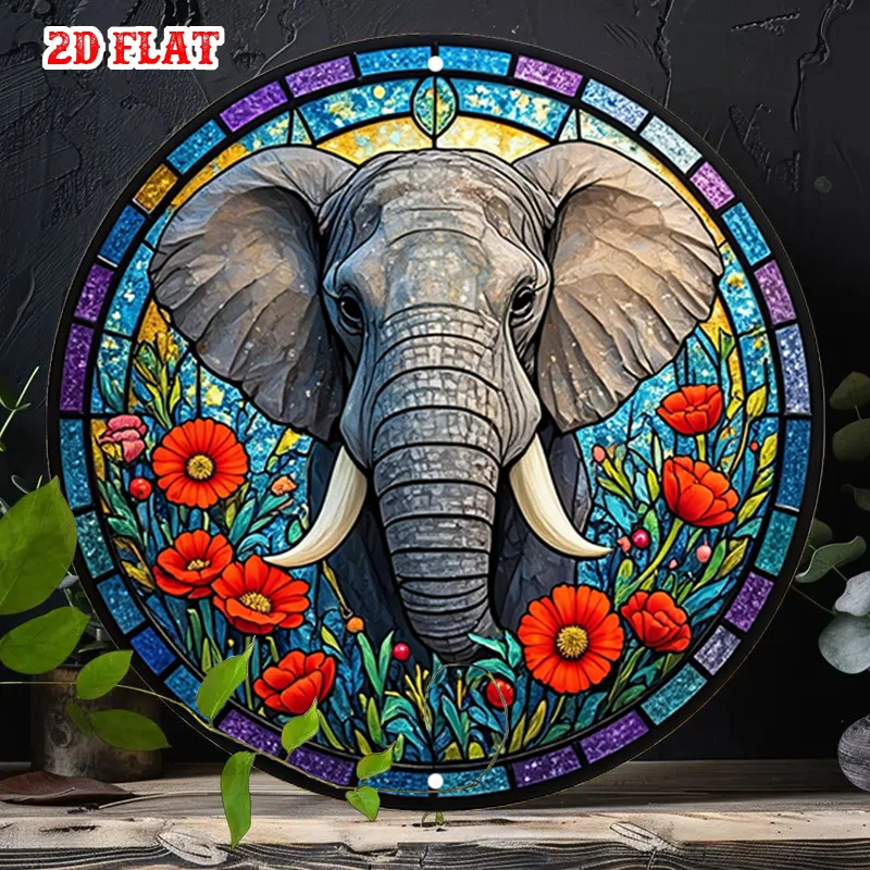 2D Flat - Round Sign Featuring a 2D Flat Elephant Design , Adorned with a Floral Pattern And Vibrant Colors， Metal Sign